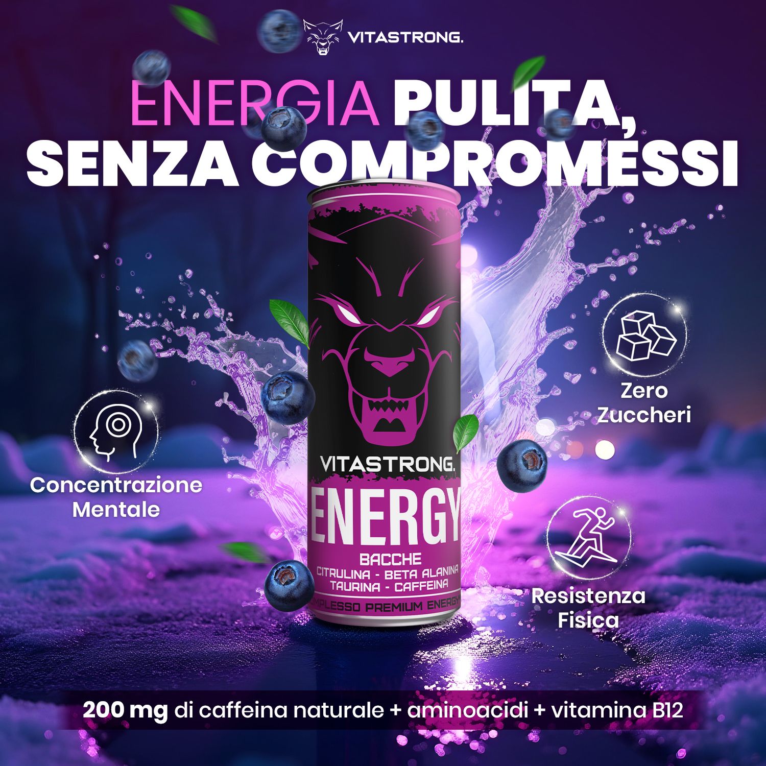 Vitastrong Energy Berries Dose. Lila Hintergrund mit Blaubeeren und Icons. Text: Energie, ohne Kompromisse.