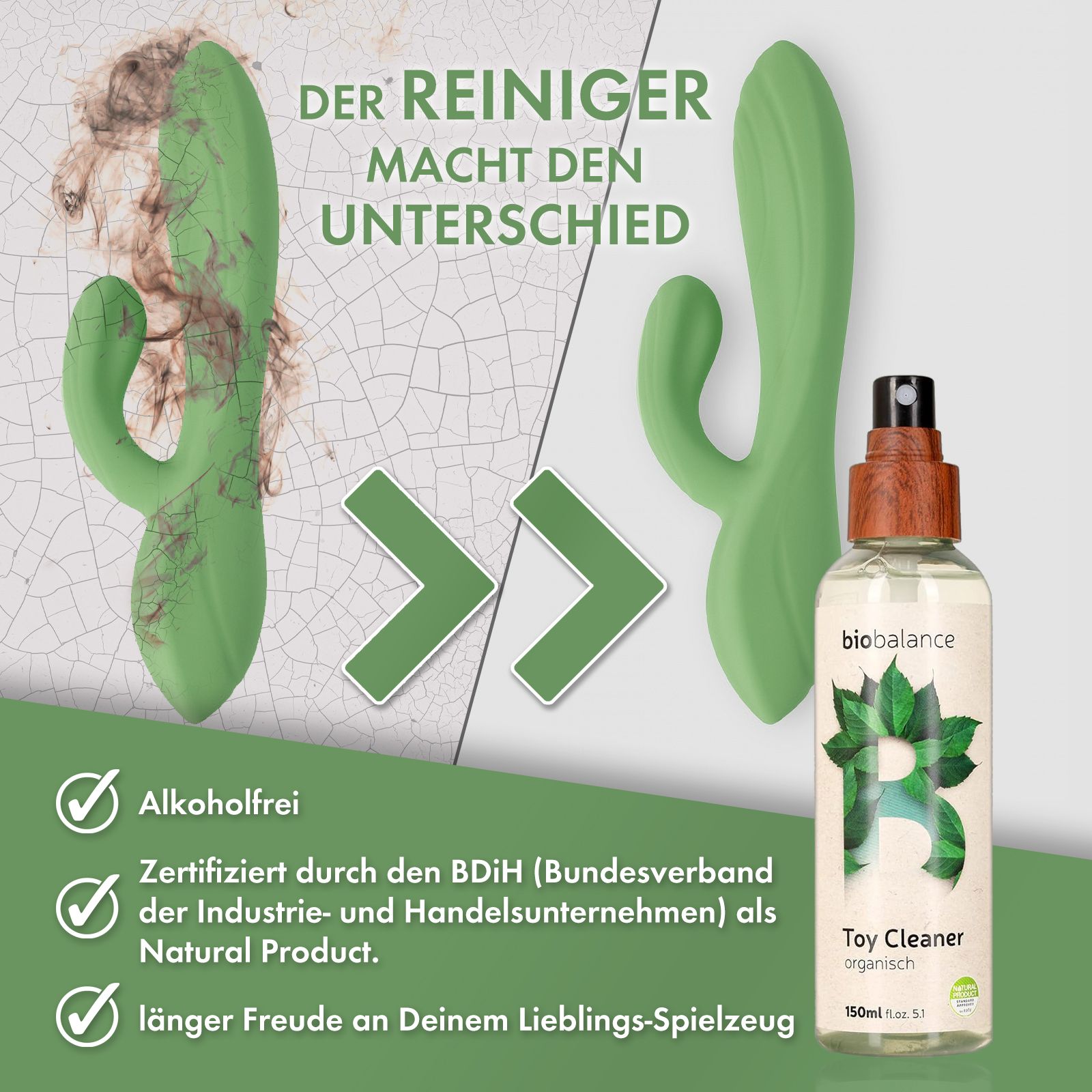 Vergleich: schmutziges und sauberes Sexspielzeug. BIO BALANCE Toy Cleaner Flasche mit Holz-Sprühkopf.