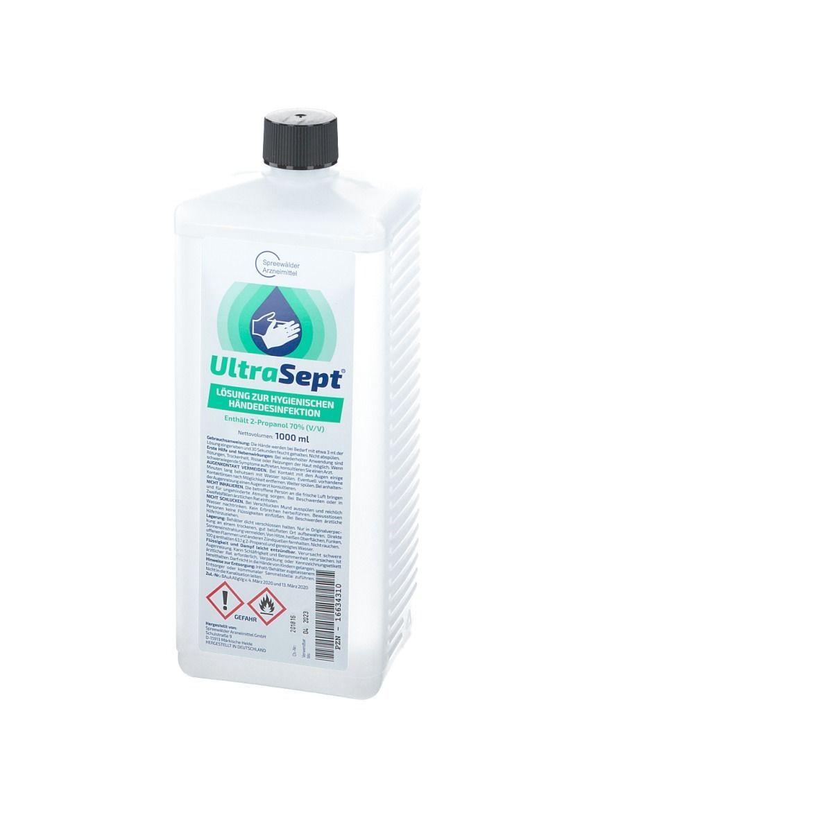 Weißliche Flasche mit schwarzem Deckel. Aufschrift: UltraSept Lösung zur hygienischen Händedesinfektion. Warnhinweise.