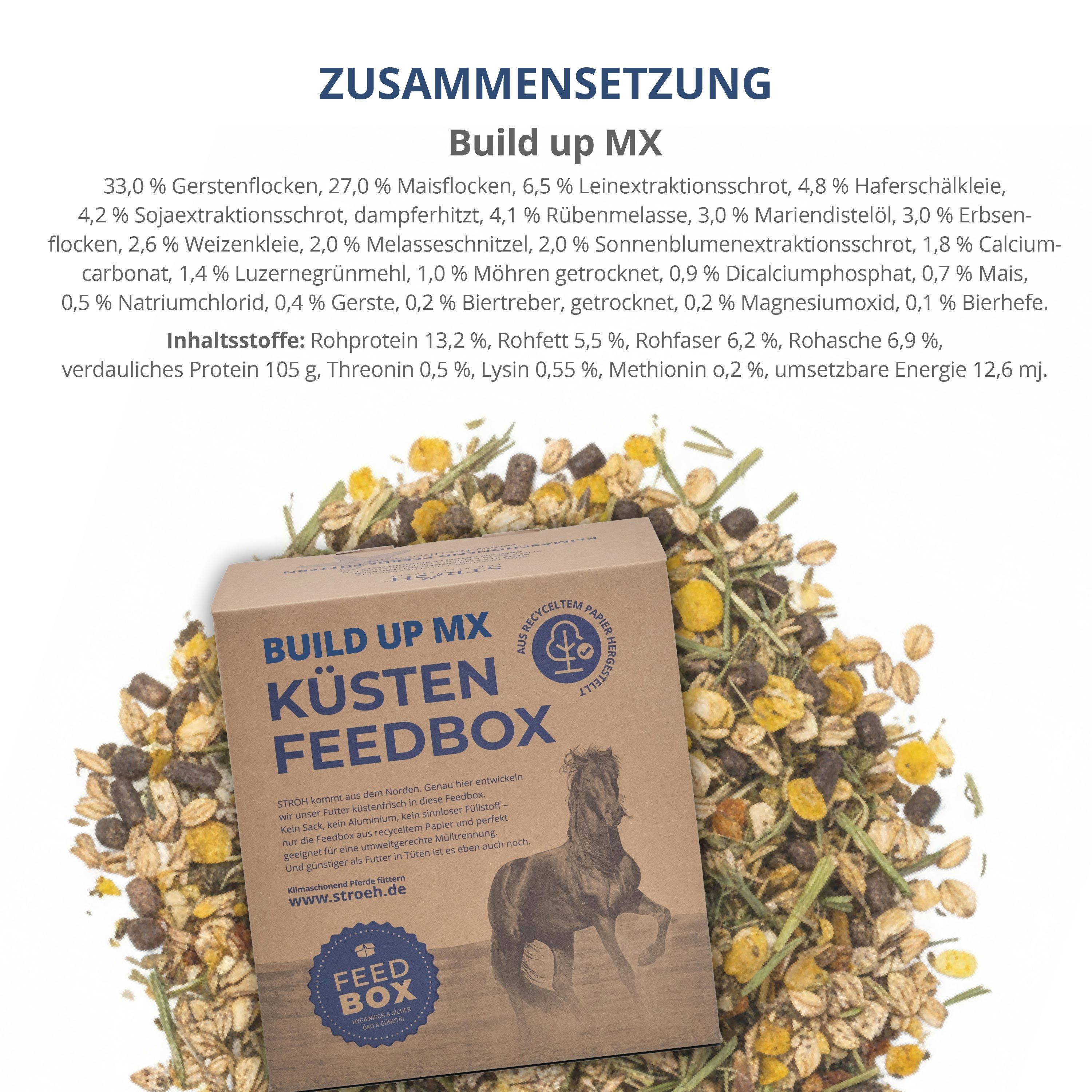 Karton "Build up MX Küsten Feedbox" mit Futter. Text: Zusammensetzung. Logo: Pferd. Text: www.stroeh.de. Feed Box.