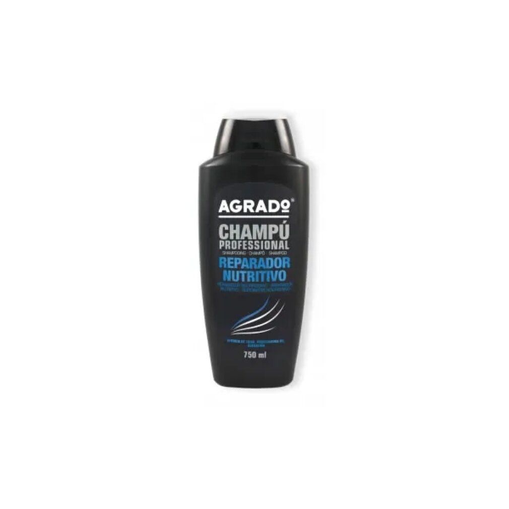 Schwarze Shampoo-Flasche mit weißem Deckel. Aufschrift: AGRADO, Champú Profesional, Reparador Nutritivo. Wellen-Grafik.