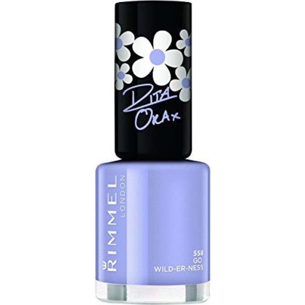 Nagellackflasche mit schwarzem Deckel mit weißen Blumen. Auf dem Deckel steht "Dita Orax". Flasche gefüllt mit hellblauem Nagellack.