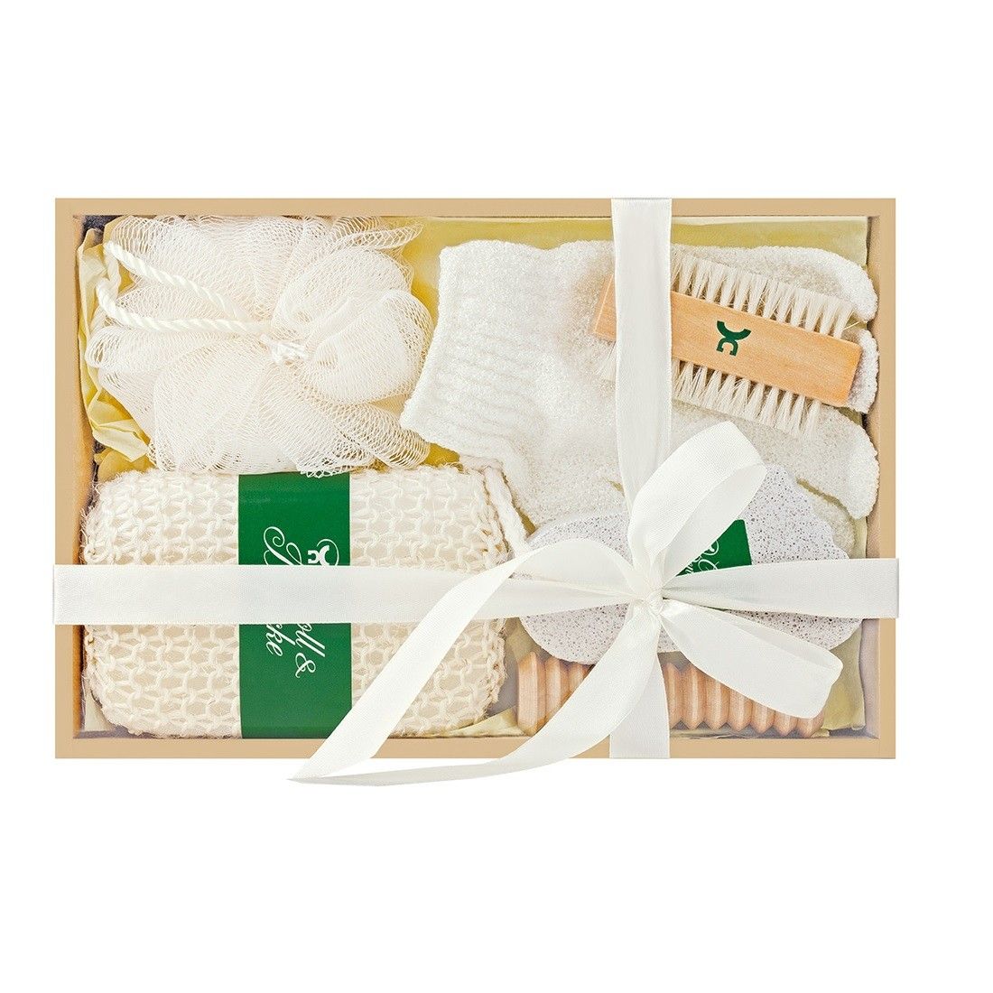 Geschenkset SPA. Enthält Schwamm, Handschuh, Bürste, Bimsstein und Seife. In Holzbox mit Schleife. Grün-weiße Akzente.