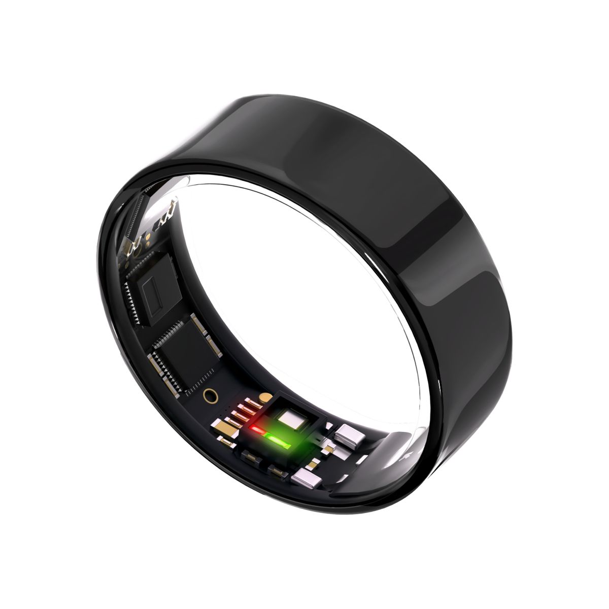 Schwarzer Ring, Innenleben sichtbar. Elektronische Komponenten, grüne und rote Lichter.