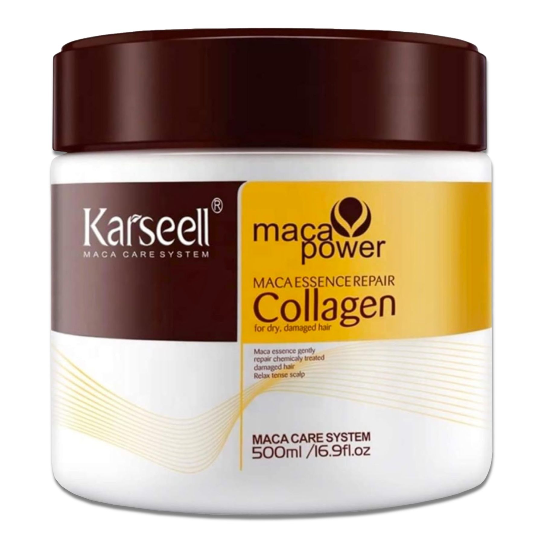 Weißes Tiegel mit braunem Deckel. Aufschrift: Karseell, Maca Power Collagen. Text: Maca Essence Repair.