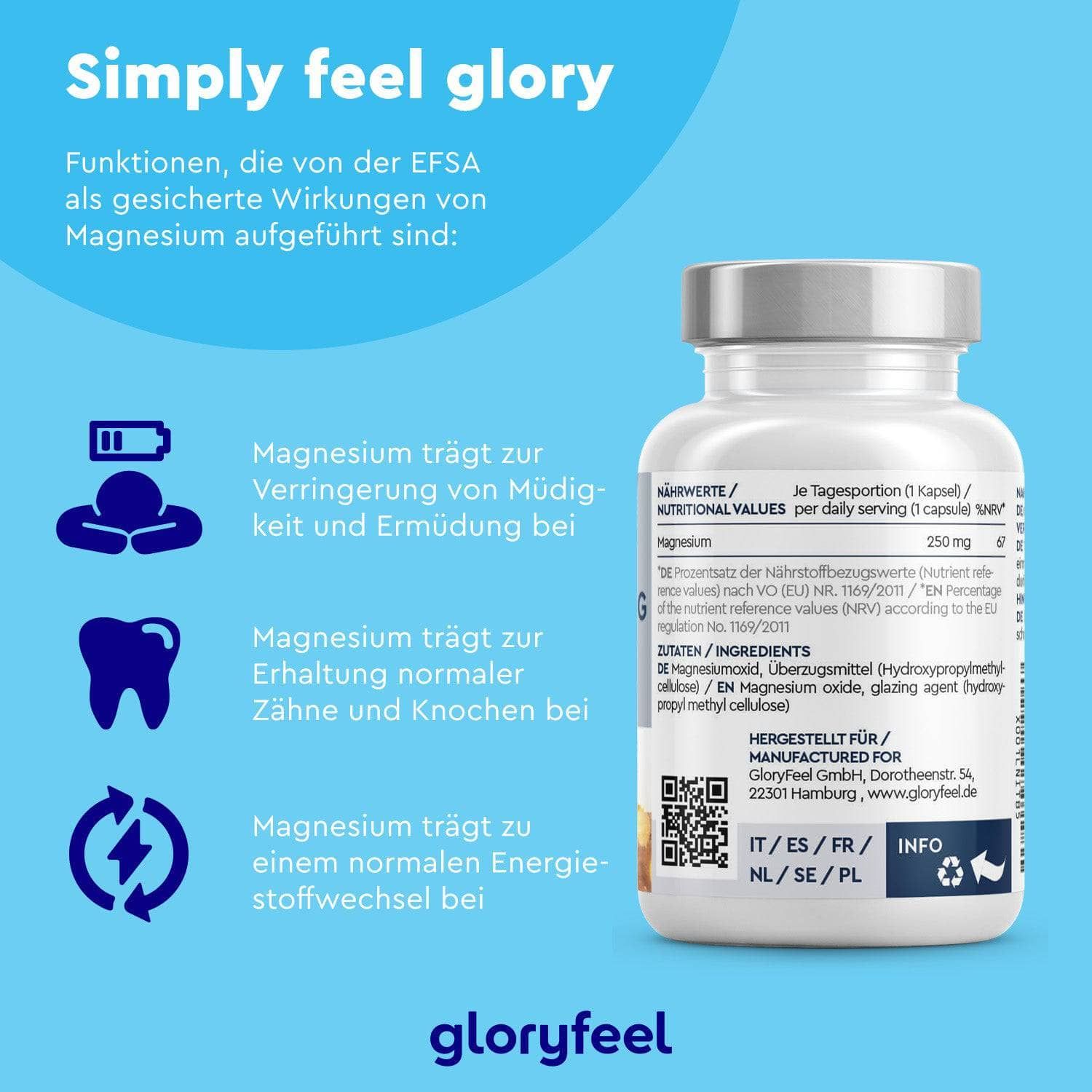 GloryFeel Magnesium MG. Weiße Flasche mit Informationen zu Nährwerten und Inhaltsstoffen. Enthält 250 mg Magnesium pro Kapsel.
