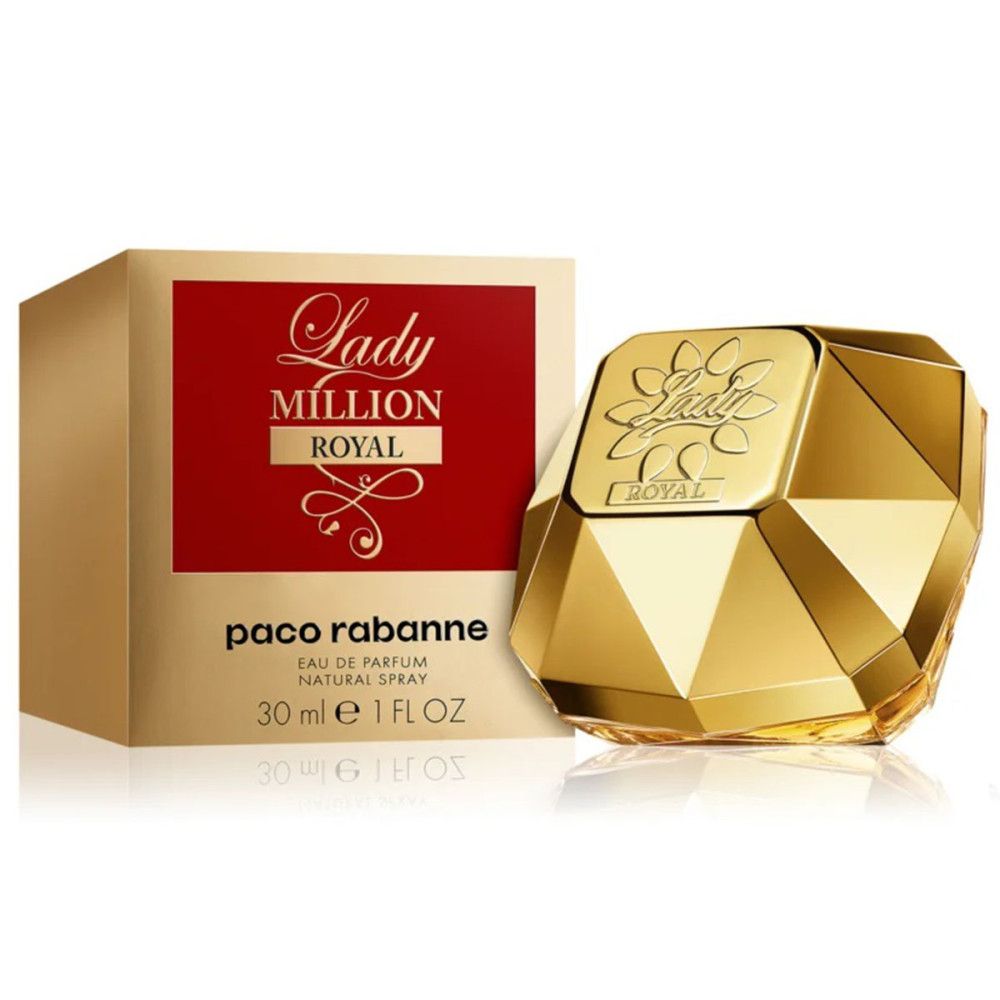 Goldfarbener Flakon und Verpackung. Aufschrift: Lady Million Royal, Paco Rabanne. 30 ml.