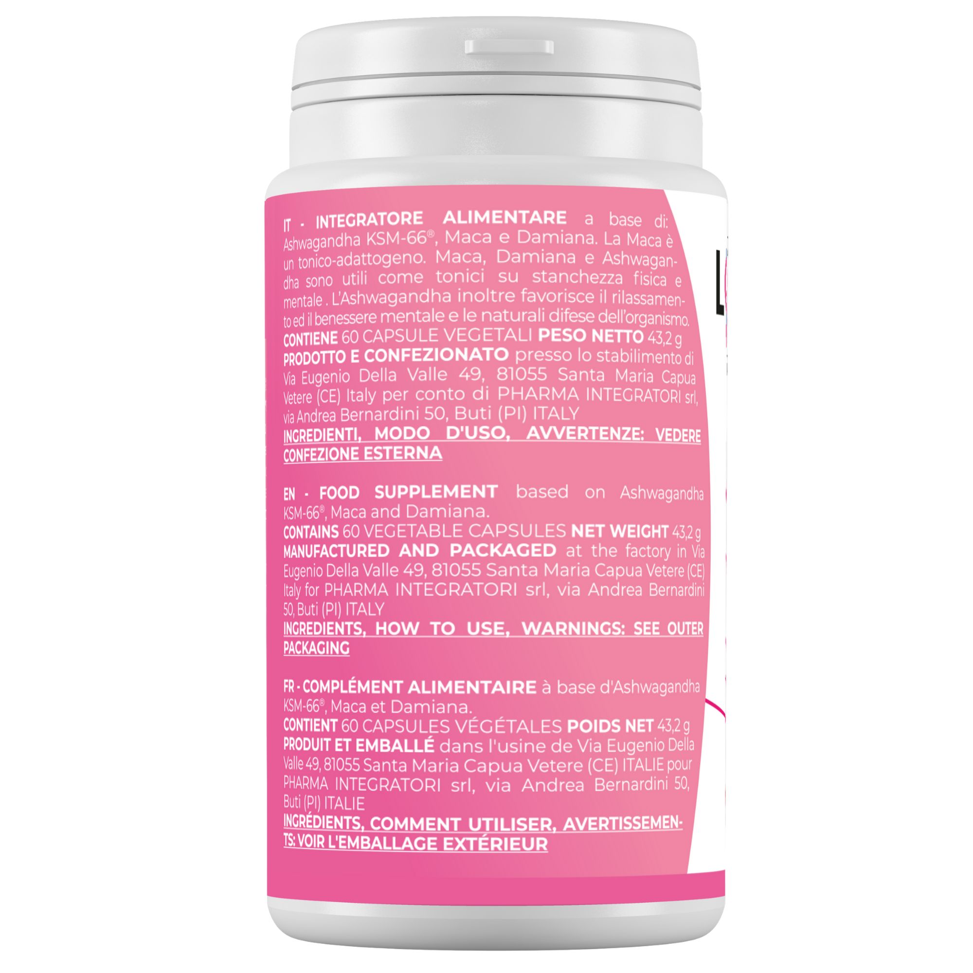 Weißes Pillenbehälter mit rosa Etikett. Text: LOVE MAX, 60 Kapseln. Rückseite mit Inhaltsstoffen und Herstellerinformationen.
