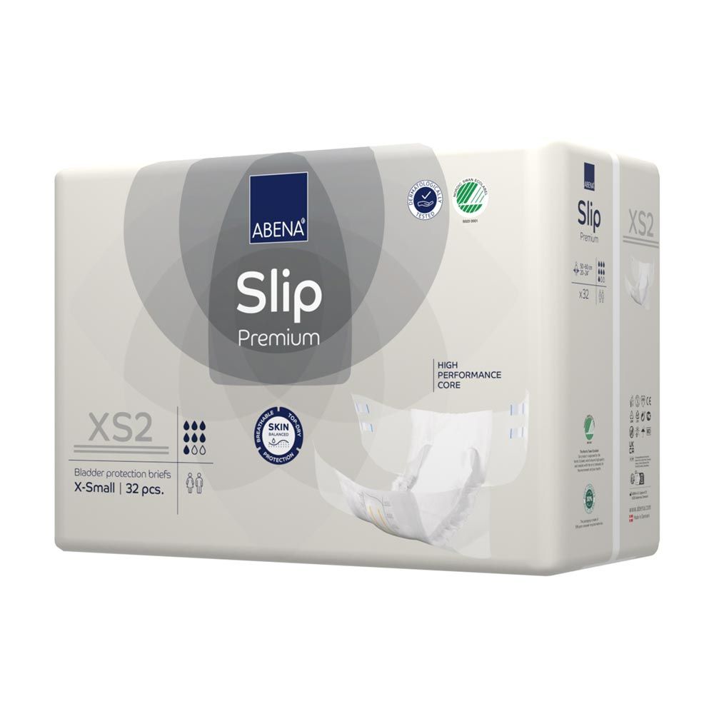 Abena Slip Premium XS2. Verpackung mit Inkontinenzvorlage. Produktname, Logo und Zertifizierungen sind sichtbar.