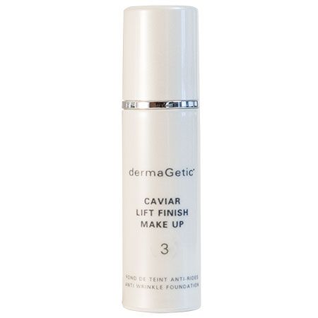 Weißer Make-up-Flakon mit silbernem Ring. Beschriftung: dermaGetic, Caviar Lift Finish Make Up, Nr. 3. Anti-Falten-Foundation.