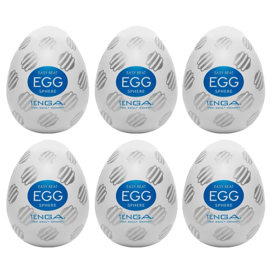 Sechs weiße, eiförmige Produkte mit silbernen Mustern. Auf jedem steht "EASY BEAT EGG SPHERE" und "TENGA".