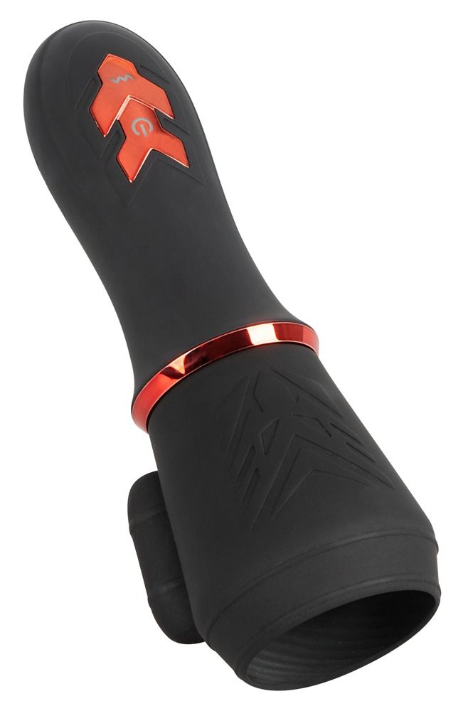 Schwarzer Masturbator mit rotem Akzent. Zwei Motoren. Silikon. Ergonomische Form. Schräg gestellt.