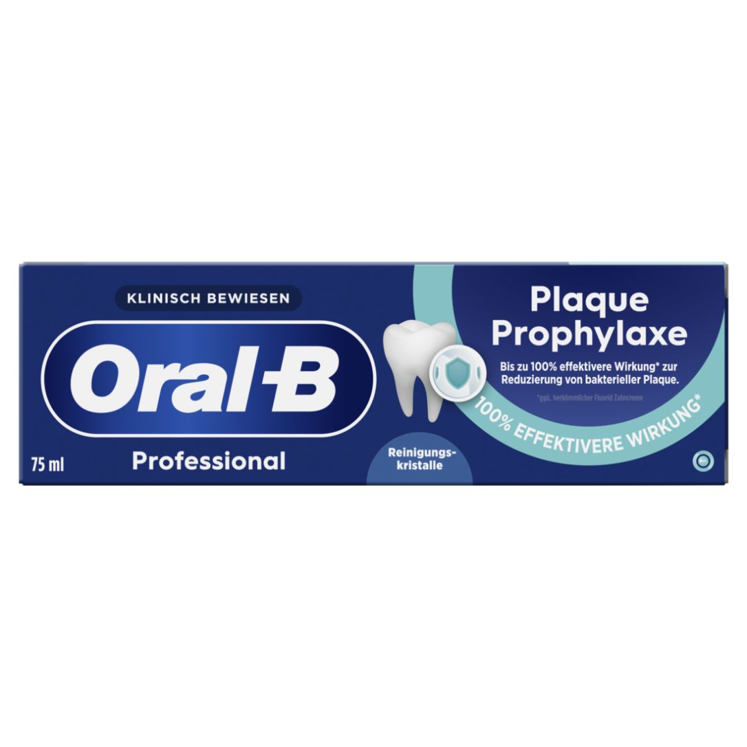 Zahncreme-Tube Oral-B Professional Plaque Prophylaxe. Blaue Verpackung mit weißem Logo und Text. Enthält Reinigungs-Kristalle.