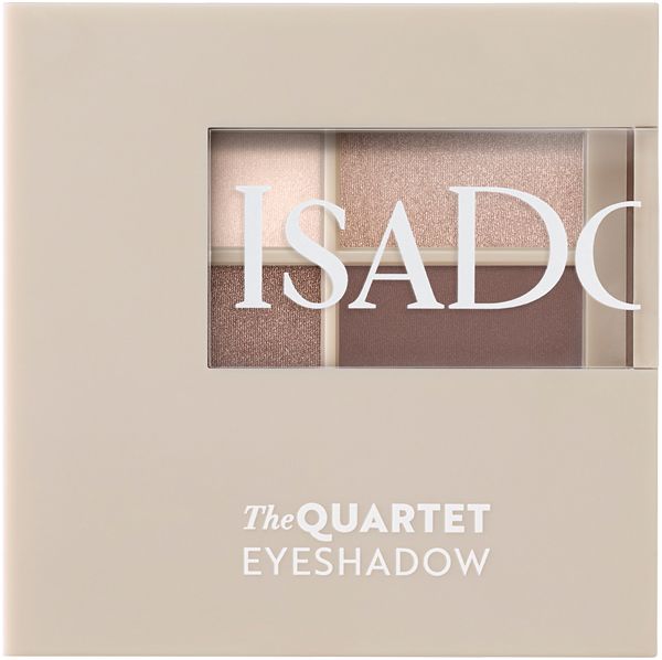 Lidschatten-Quartett in beiger Verpackung. Vier Farben sichtbar durch ein Fenster. Marke: IsaDora. Text: The Quartet Eyeshadow.