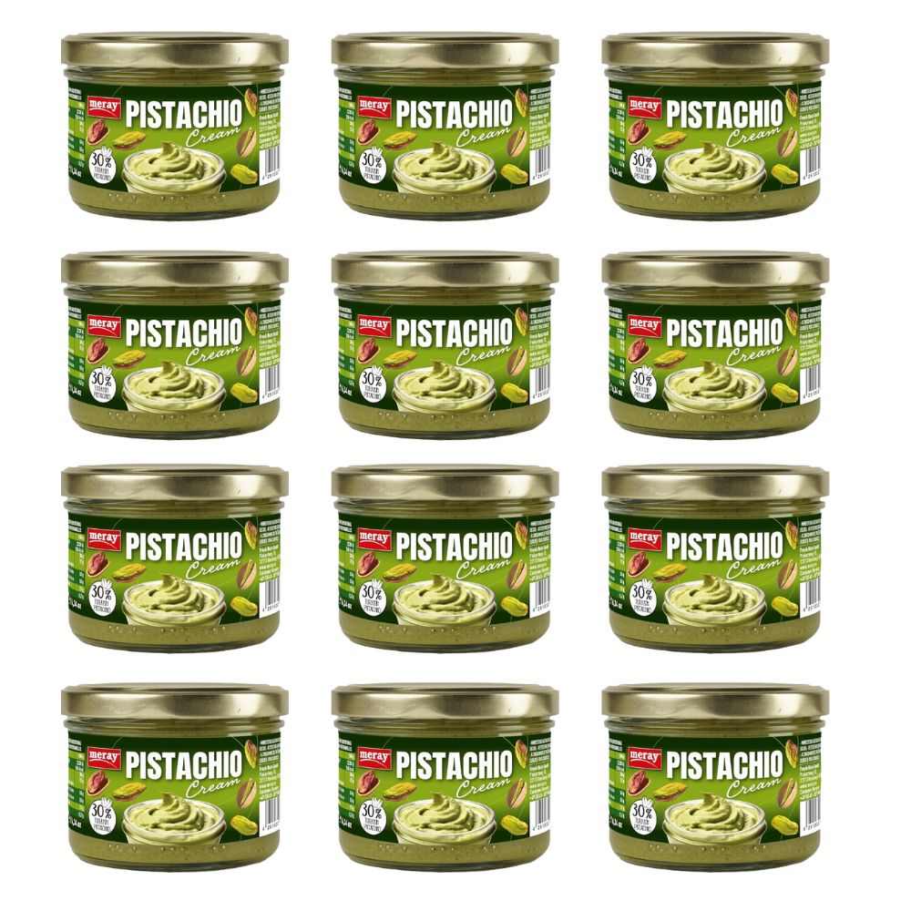 Mehrere Gläser MERAY Pistaziencreme. Gläser mit goldenen Deckeln, Etiketten mit Produktnamen und 30% Angabe. Pistazien-Abbildung.