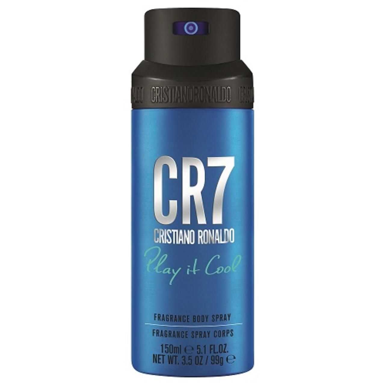 Blau-silberne Körperspray-Dose mit schwarzem Deckel. Schriftzug "CR7 Cristiano Ronaldo Play it Cool". Text: "Fragrance Body Spray".