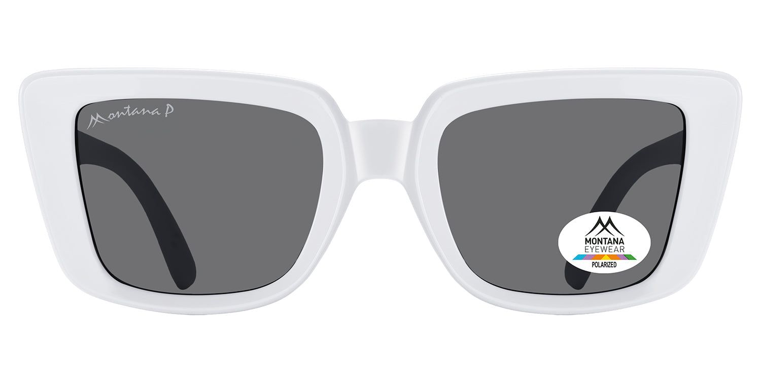 Weiße Sonnenbrille mit grauen Gläsern. Montana Eyewear Logo und Polarisations-Aufkleber auf dem Glas. Eckige Form.