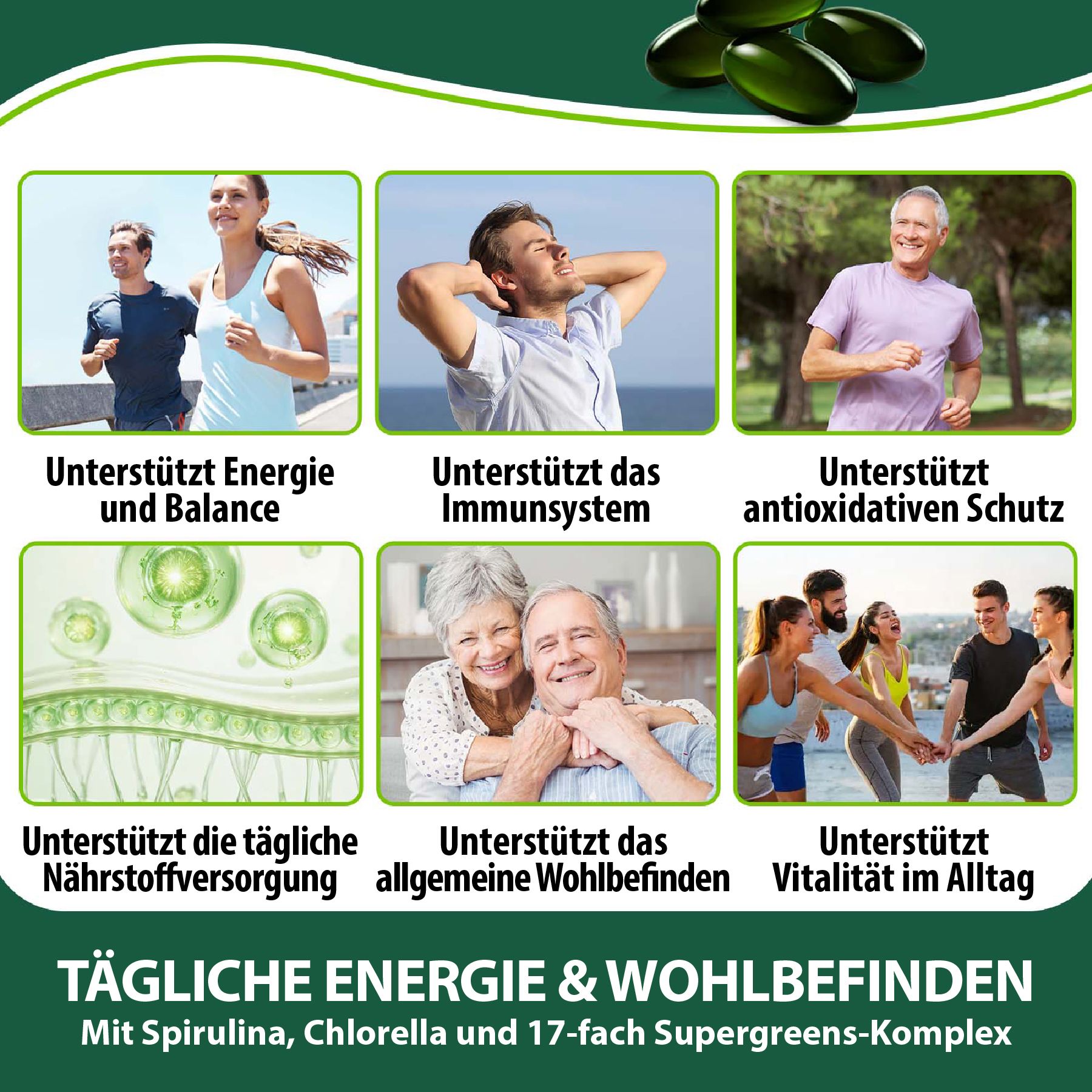 Collage mit Menschen, die Energie und Vitalität zeigen, neben P-Beauty Spirulina Chlorella Softgels.