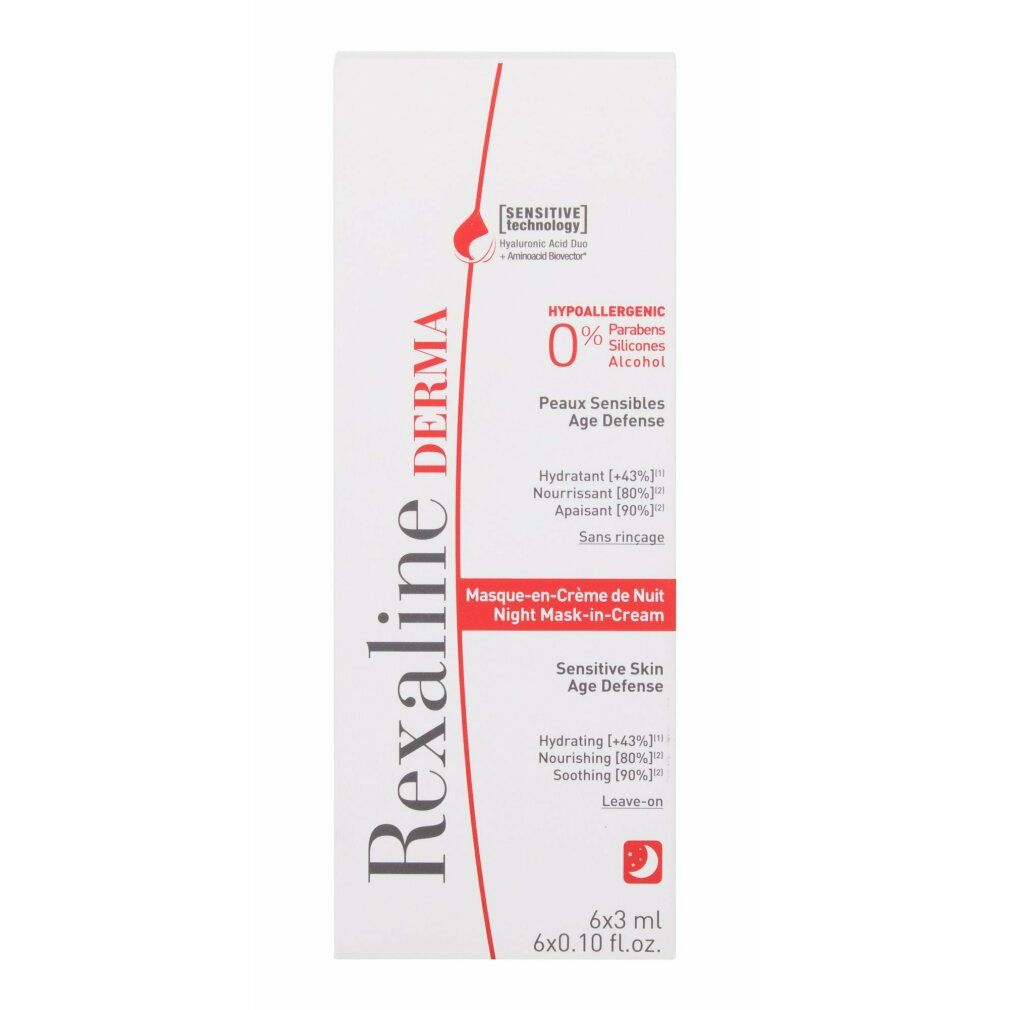 Weiße Verpackung mit Text: Rexaline Derma, Masque-en-Crème de Nuit, Night Mask-in-Cream. 0% Parabens, Silicones, Alcohol. 6x3 ml.