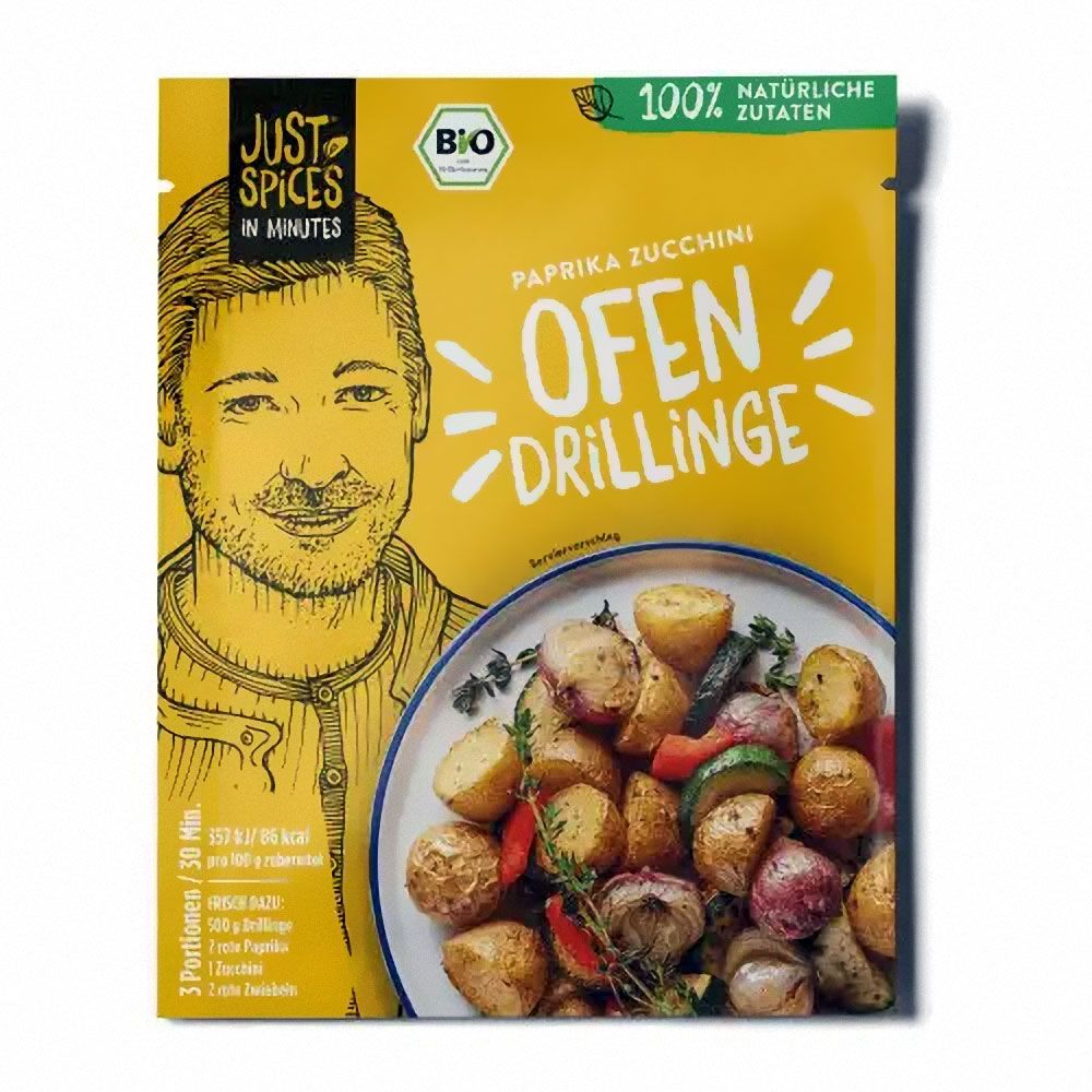 Gelbe Verpackung mit Aufdruck. Enthält "Just Spices In Minutes Bio Ofen-Drillinge Gewürz". Abbildung von Ofen-Drillingen.