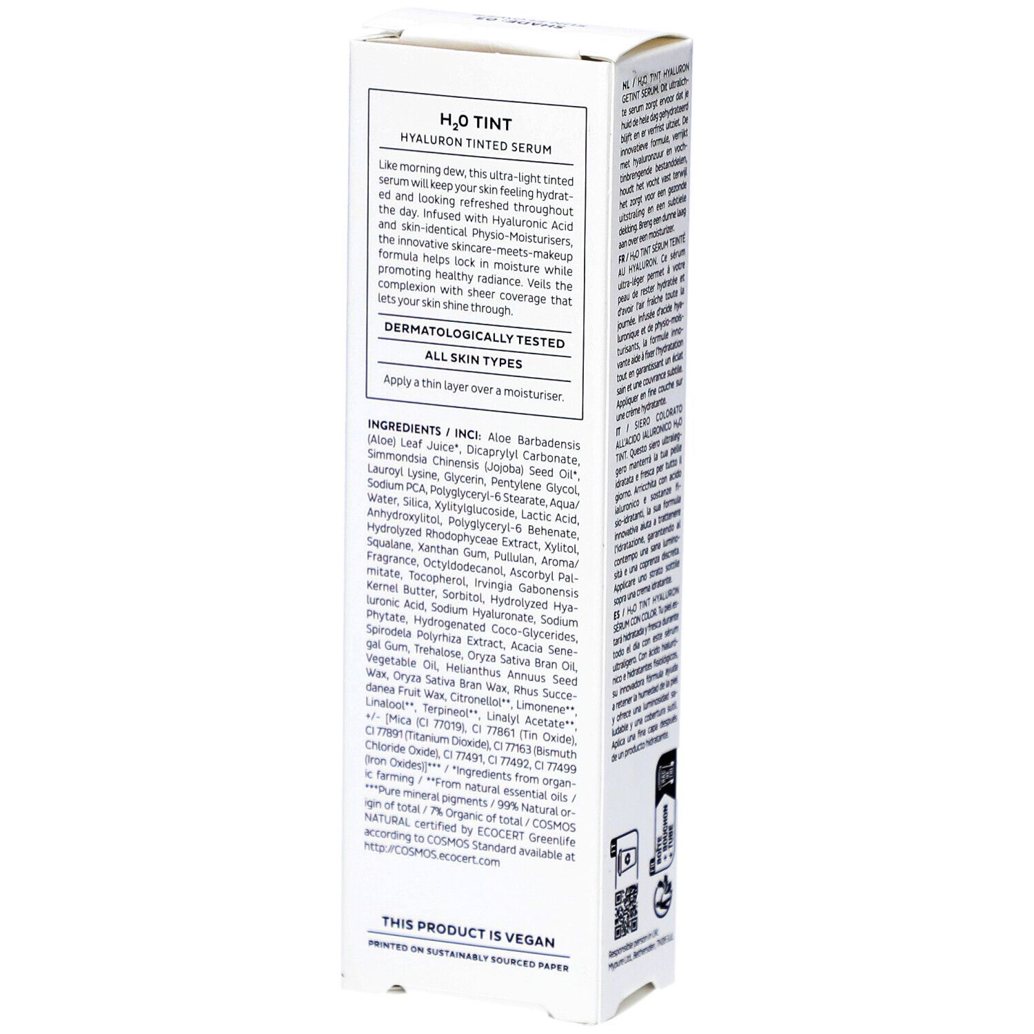 Weiße Verpackung mit Text. Rückseite mit Produktinformationen in verschiedenen Sprachen. Unten: 30ml 1FL OZ. Mit Zertifizierungen.