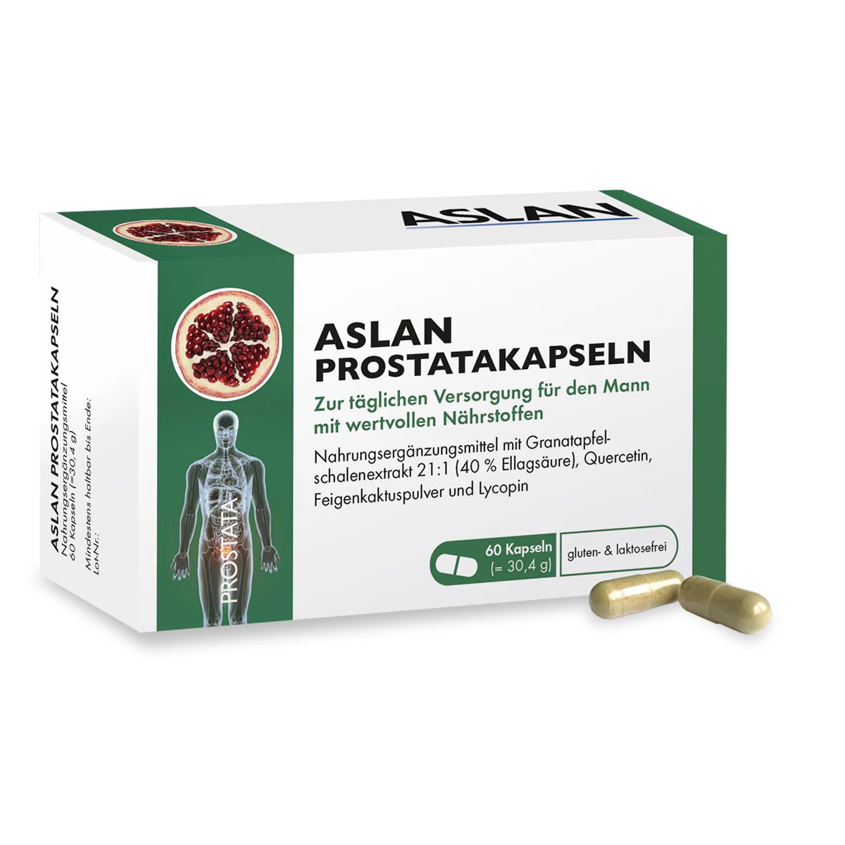 ASLAN Prostata-Kapseln Karton mit Granatapfel-Abbildung und zwei Kapseln.