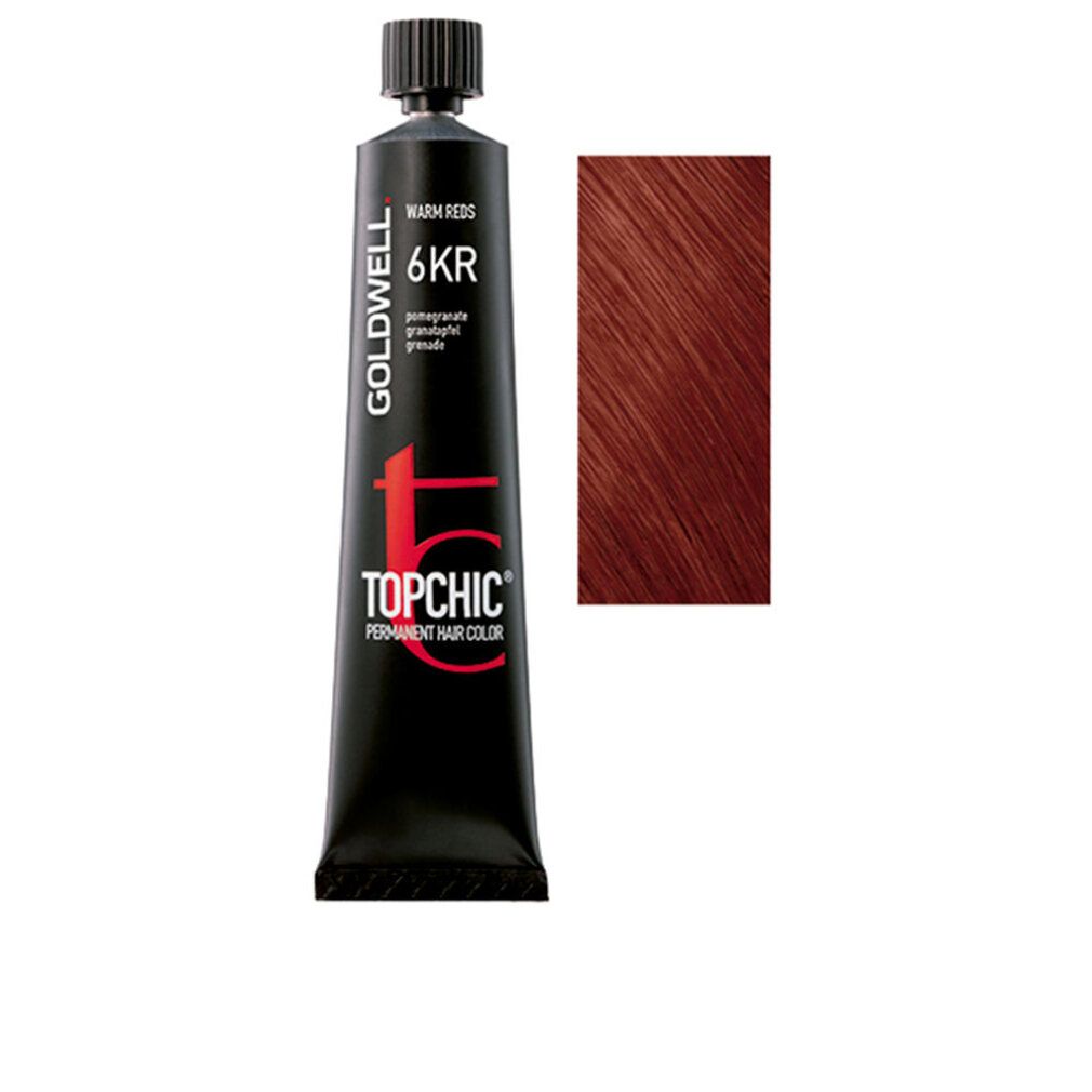 Haarfarbe-Tube mit Farbmuster. Goldwell Topchic, 6KR granatapfel. Schwarze Tube, rote Schrift. Farbmuster rechts.