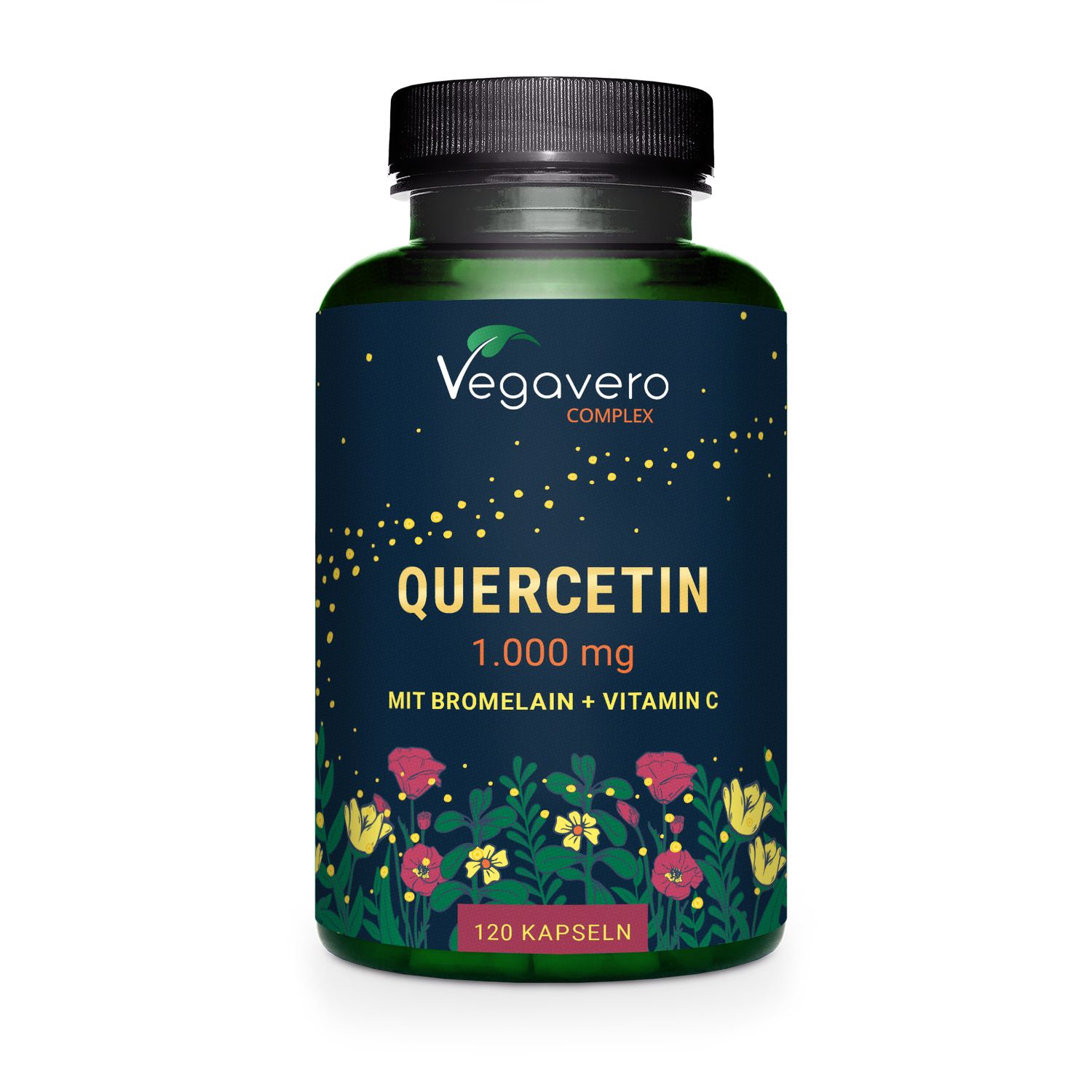 Dunkelgrüne Flasche mit schwarzem Deckel. Aufschrift: Quercetin 1.000 mg, mit Bromelain + Vitamin C. 120 Kapseln. Vegavero.