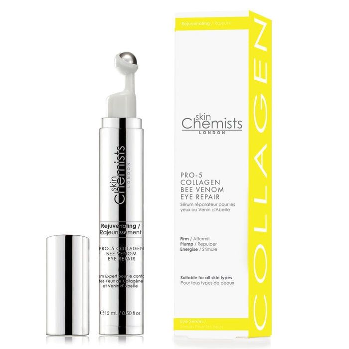 Zylinderförmige Tube mit silberner Kappe und Applikator. Aufschrift: skinChemists, Pro-5 Collagen Bee Venom Eye Repair. Gelbe Verpackung.