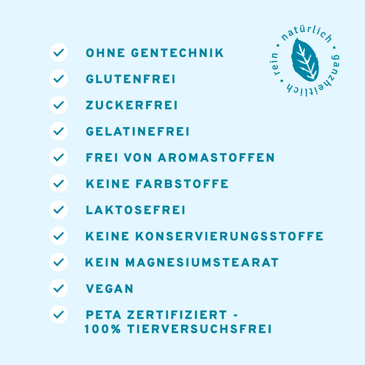 Liste: Ohne Gentechnik, glutenfrei, zuckerfrei, gelatinefrei, ohne Aromastoffe, ohne Farbstoffe, laktosefrei, etc.