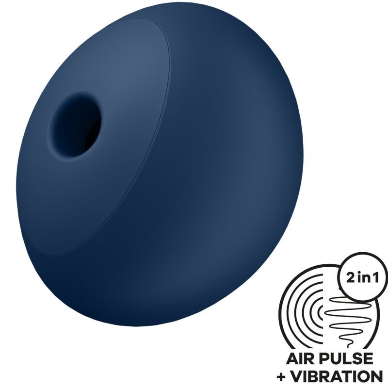 Blaues, ovales Gerät mit Öffnung. Grafik: 2in1, Air Pulse + Vibration. Intimes Wellness-Produkt.