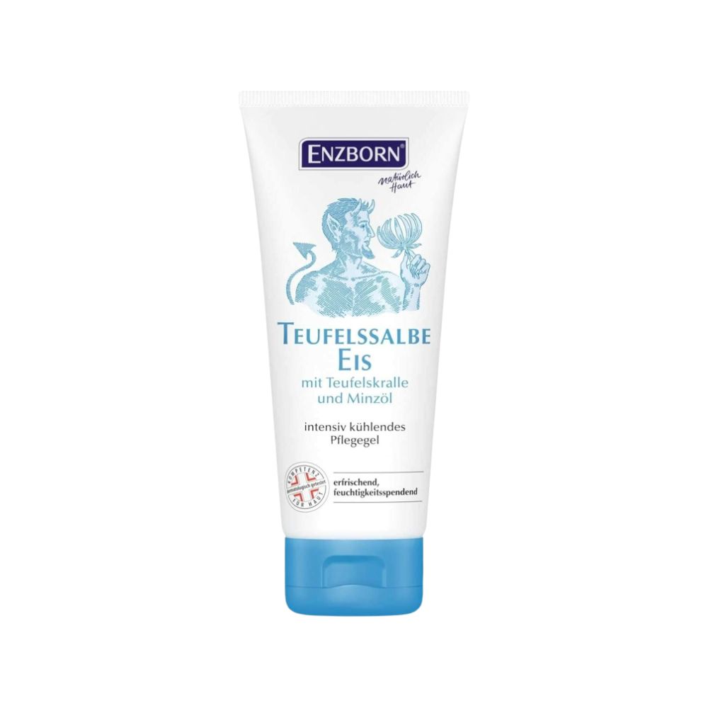 Tubo bianco con tappo blu. Scritta: ENZBORN, Teufelssalbe Eis. Con artiglio del diavolo e olio di menta. Gel per la cura rinfrescante intensivo.