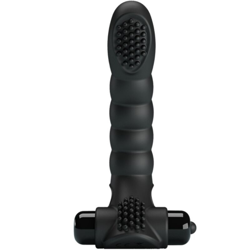 Schwarzer Fingeraufsatz-Vibrator. Geriffelte Spitze, gerillter Schaft. Zwei runde Enden mit Noppen. Auf weißem Hintergrund.