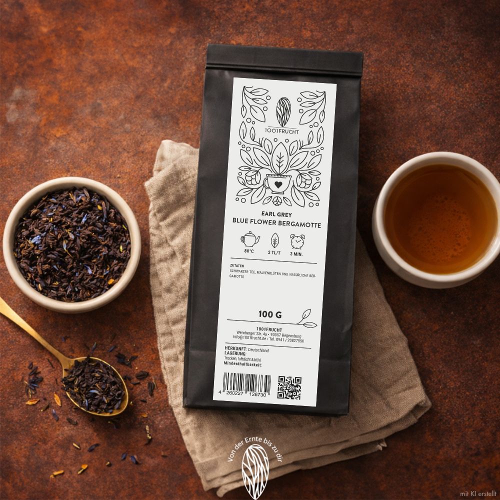 Verpackung von 100g Earl Grey Blue Flower Bergamotte Tee, daneben eine Schale mit Tee und eine Tasse.