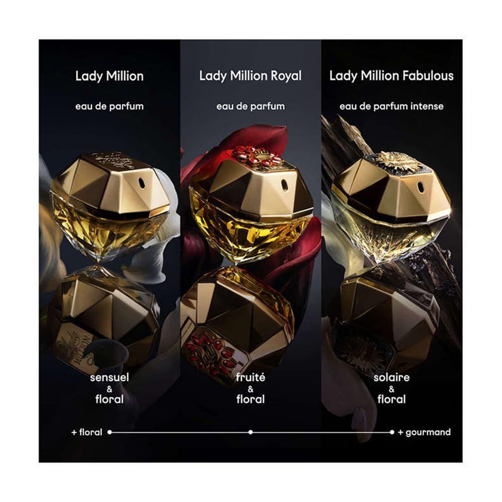 Drei Flakons: Lady Million, Lady Million Royal und Lady Million Fabulous. Goldene Flakons.