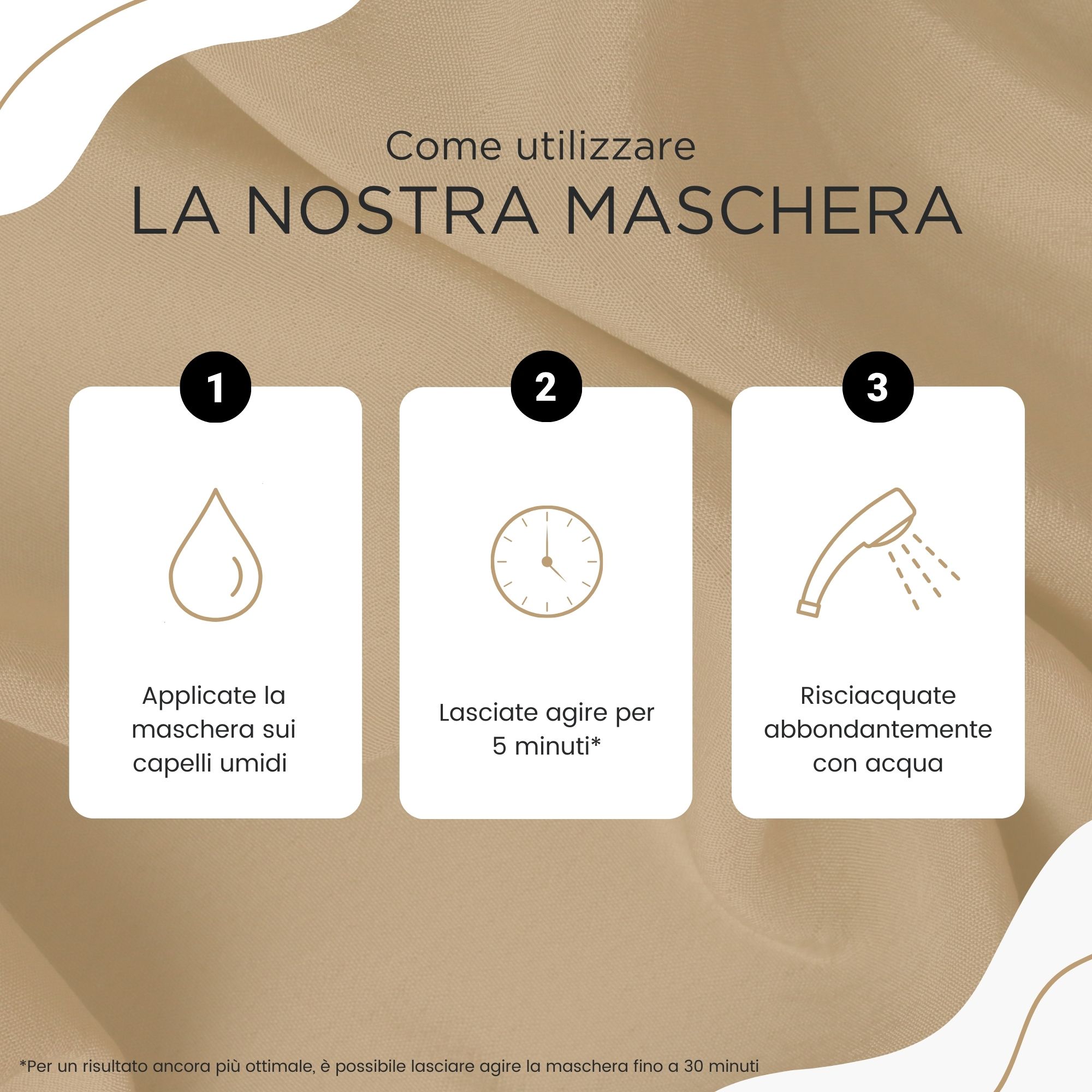 Utilizzo della maschera: 1. Applicare sui capelli umidi. 2. Lasciare agire 5 minuti. 3. Risciacquare abbondantemente.