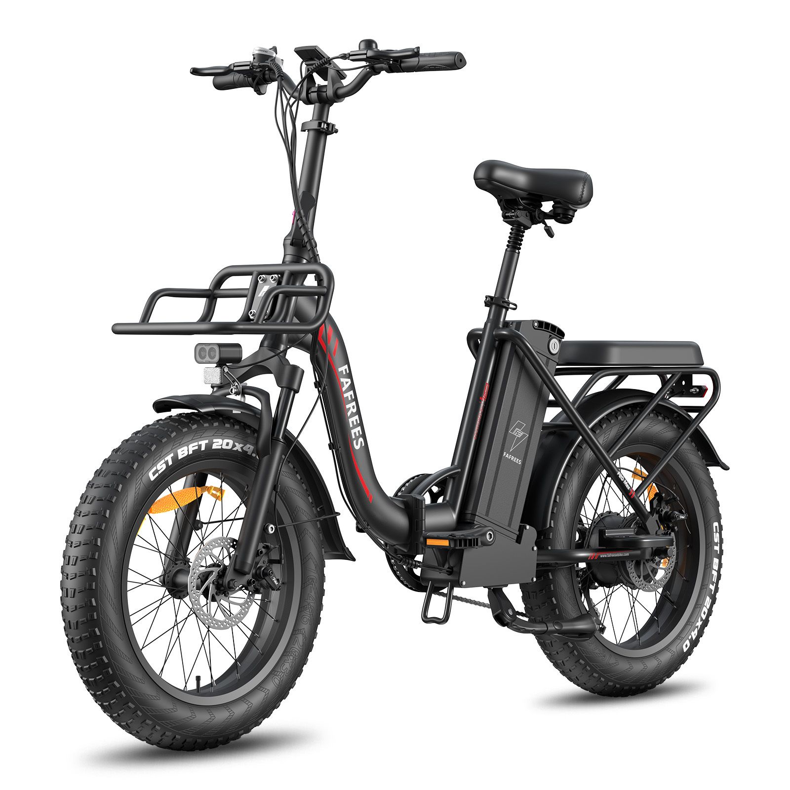 Schwarzes Falt-E-Bike mit breiten Reifen, Gepäckträger und Korb. Marke FAFREES.