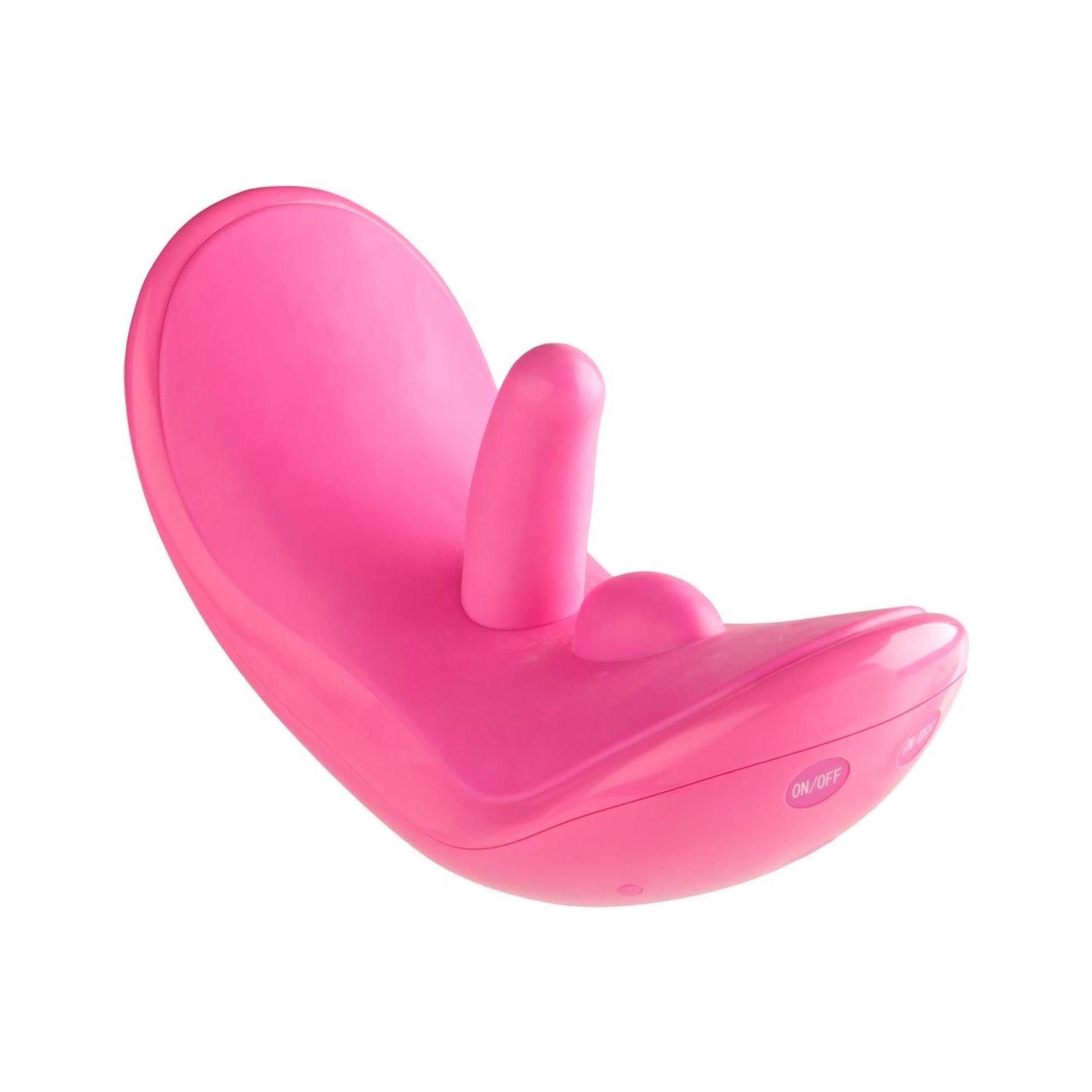 Rosa Vibrator mit zwei Erhebungen. Abgerundete Form mit ON/OFF-Knopf. Glatte Oberfläche.