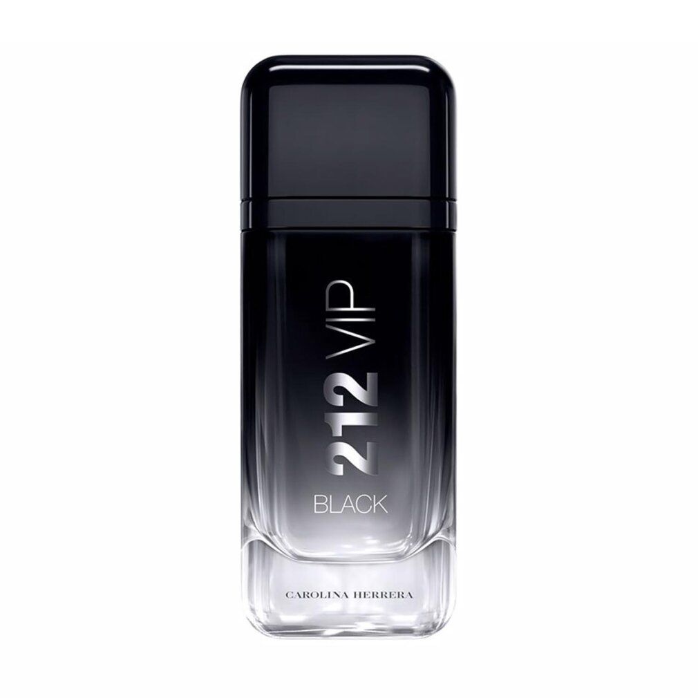 Schwarzer Flakon mit silberner Aufschrift 212 VIP Black. Rechteckige Form mit schwarzem Deckel. Carolina Herrera Logo.
