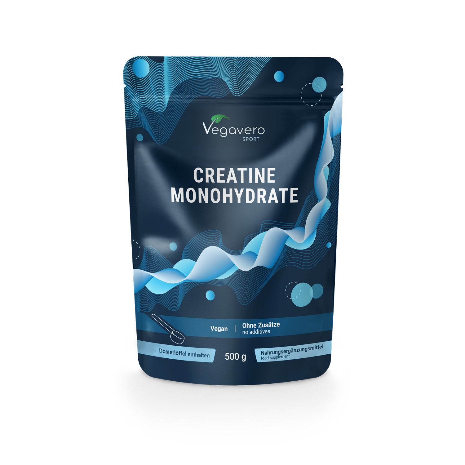 Beutel mit VEGAVERO Creatin Monohydrat Pulver. Blaue Verpackung, Schriftzug und Logo. 500g, vegan, ohne Zusätze.