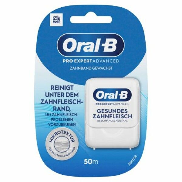 Zahnband-Verpackung. Blau-weiß. Oral-B Pro-Expert Advanced. Text: Reinigt unter dem Zahnfleischrand. 50m.
