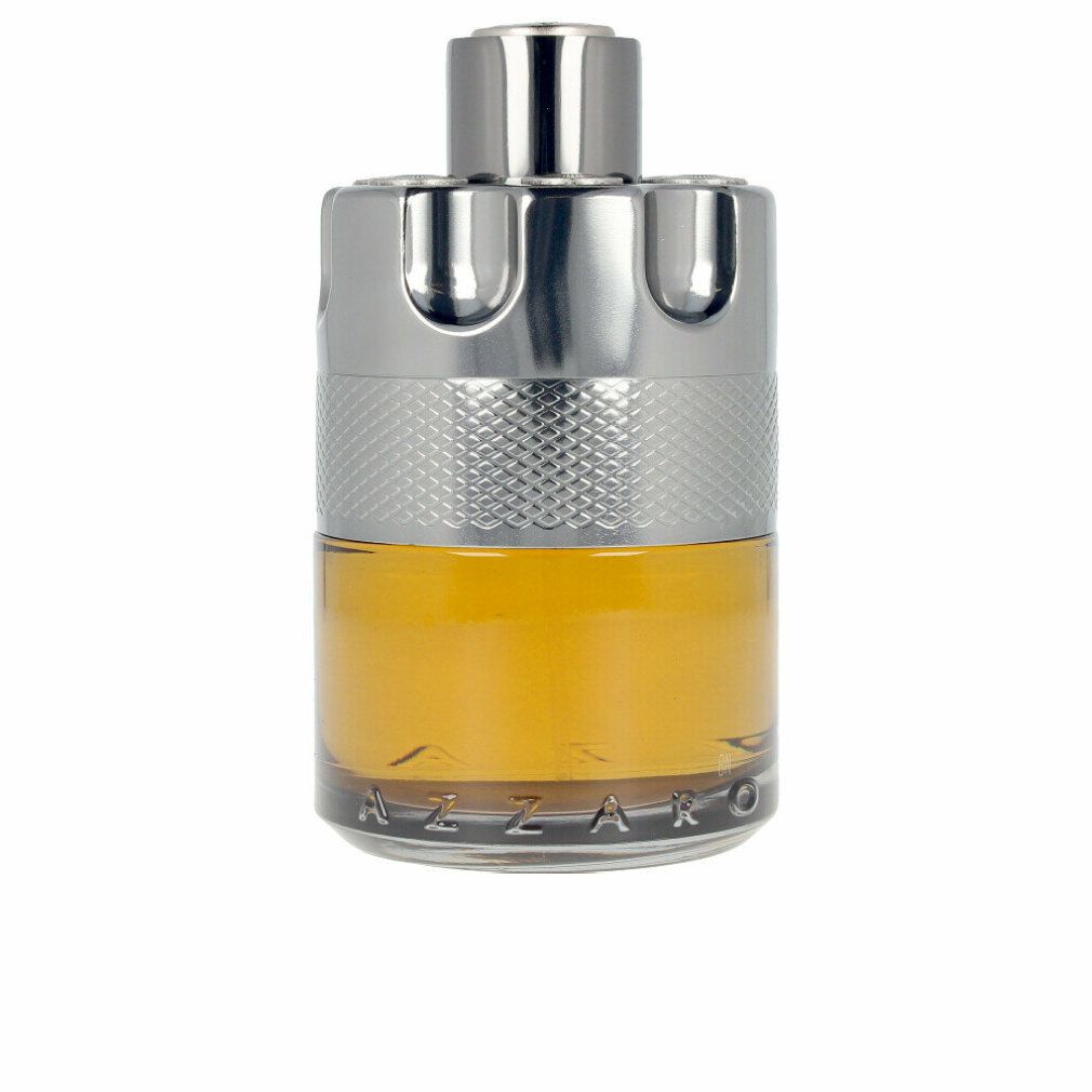 Azzaro Wanted by Night Eau de Parfum Flakon. Zylindrisch, silberfarbener Verschluss, goldgelbe Flüssigkeit.
