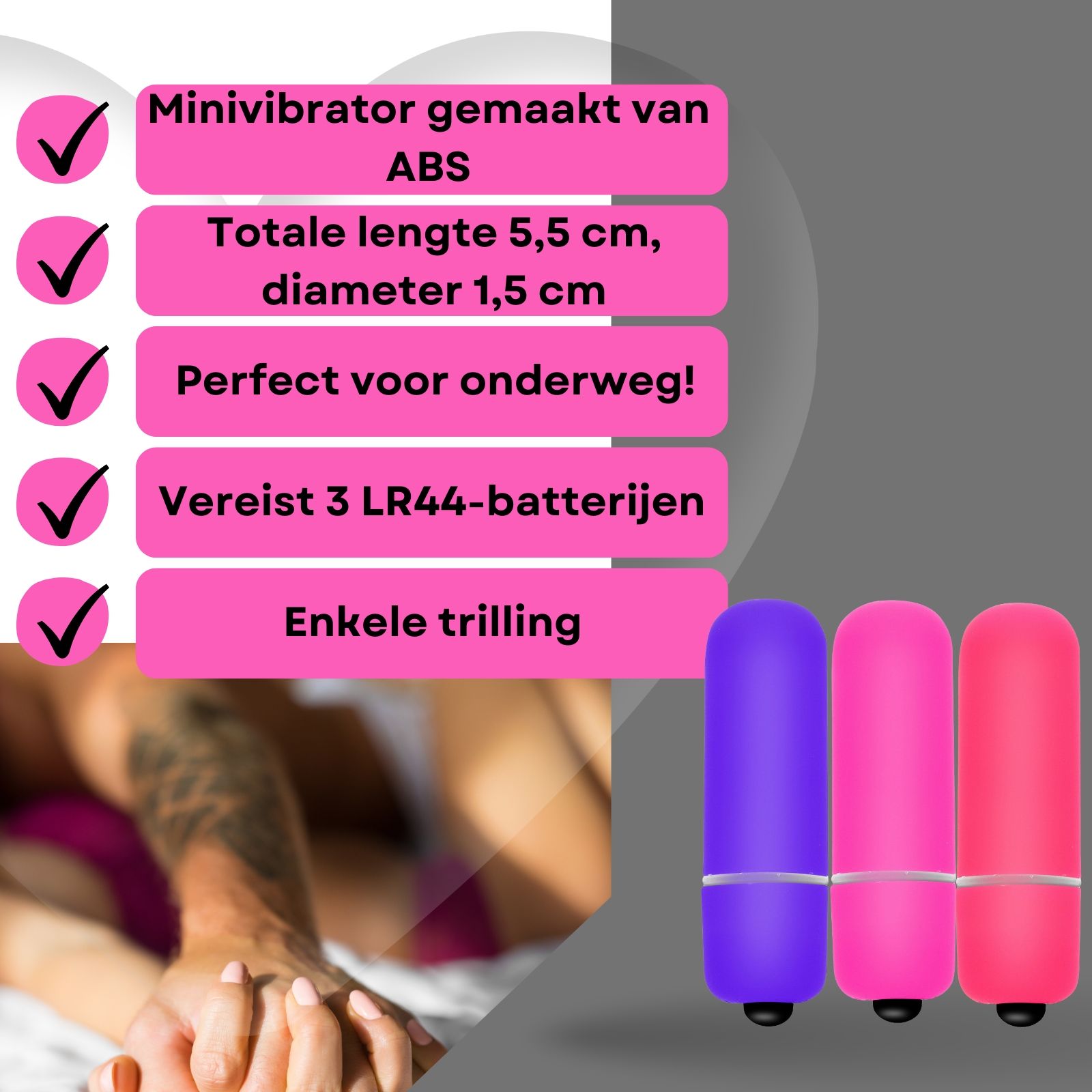 Productafbeelding met tekst. Mini vibrator van ABS, 5,5 cm lang, 1,5 cm diameter, 3 batterijen.