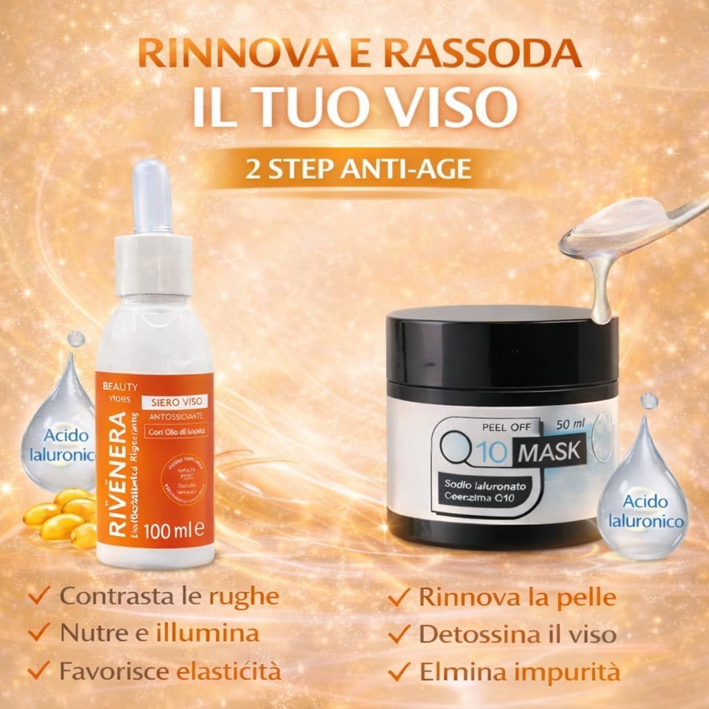 Gesichtsserum-Flasche und Peel-Off-Maske. Text: Q10 Mask, Siero Viso, Acido Ialuronico. Löffel mit Maske.
