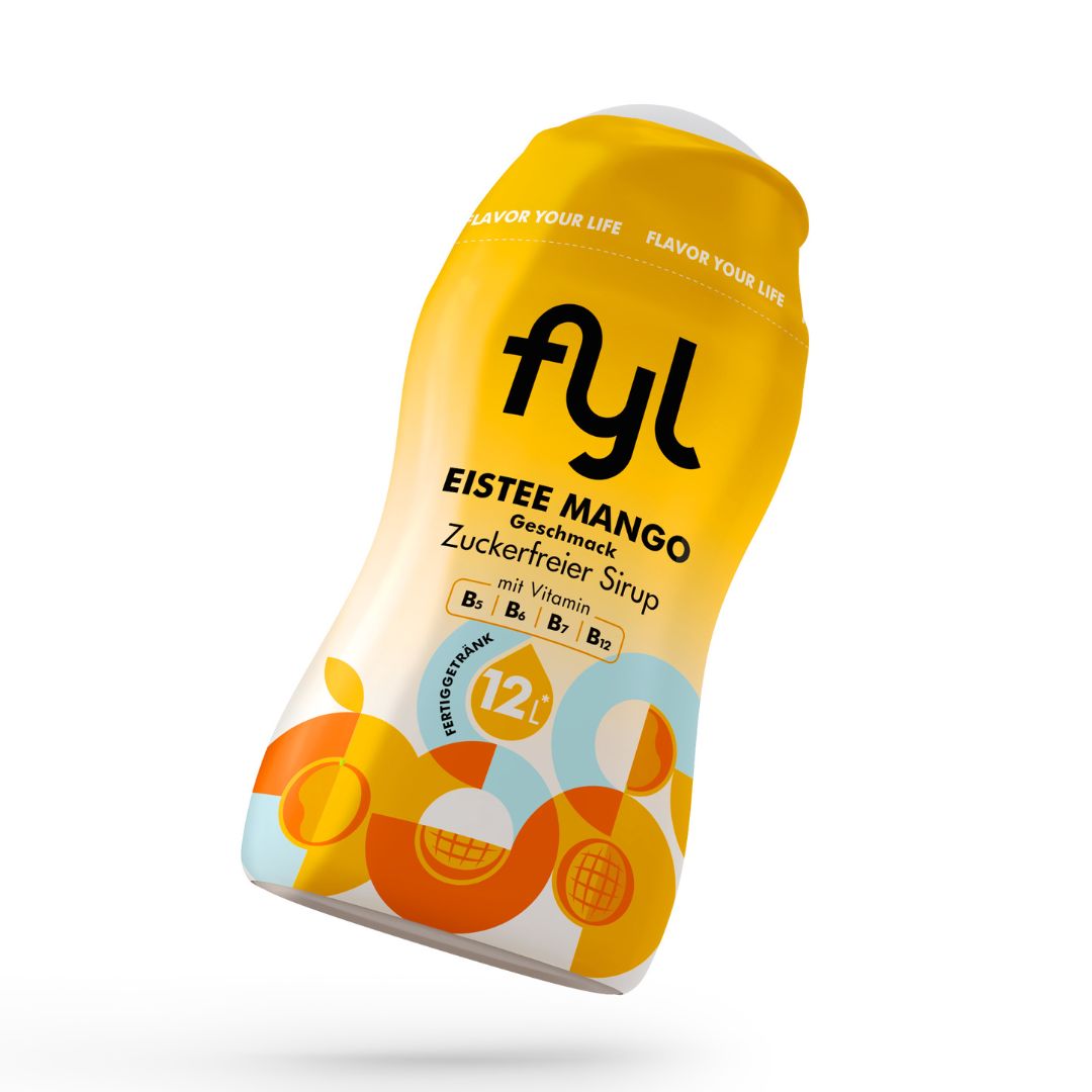 fyl Eistee Mango Sirup Flasche, gelb, mit Vitaminen B5, B6, B7, B12. 12 Portionen.