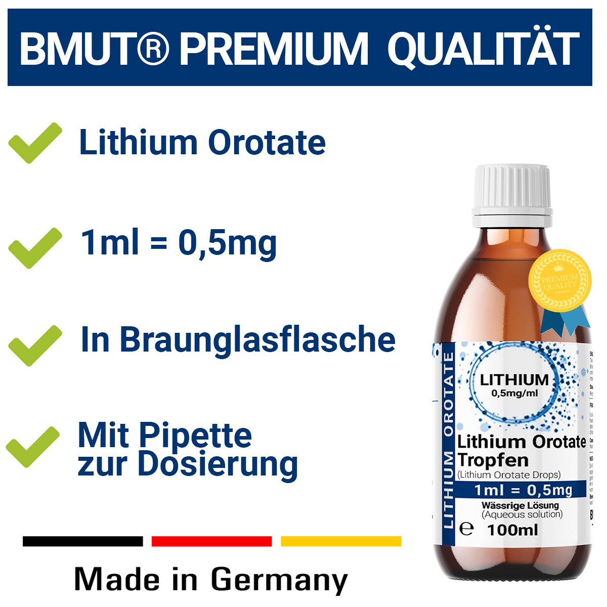 Braunglasflasche mit weißem Deckel und Etikett. Enthält Lithium Orotate Tropfen. Goldene Auszeichnung. Text: Made in Germany.