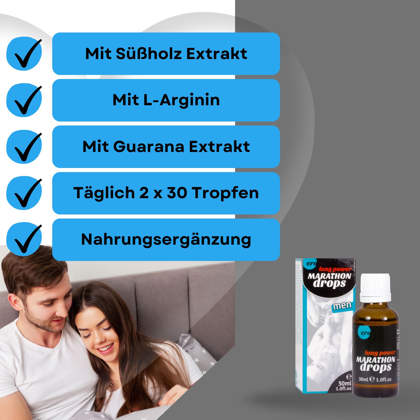 Produkt und Checklisten. Text: "Mit Süßholz Extrakt", "Mit L-Arginin", "Mit Guarana Extrakt", "Täglich 2 x 30 Tropfen".