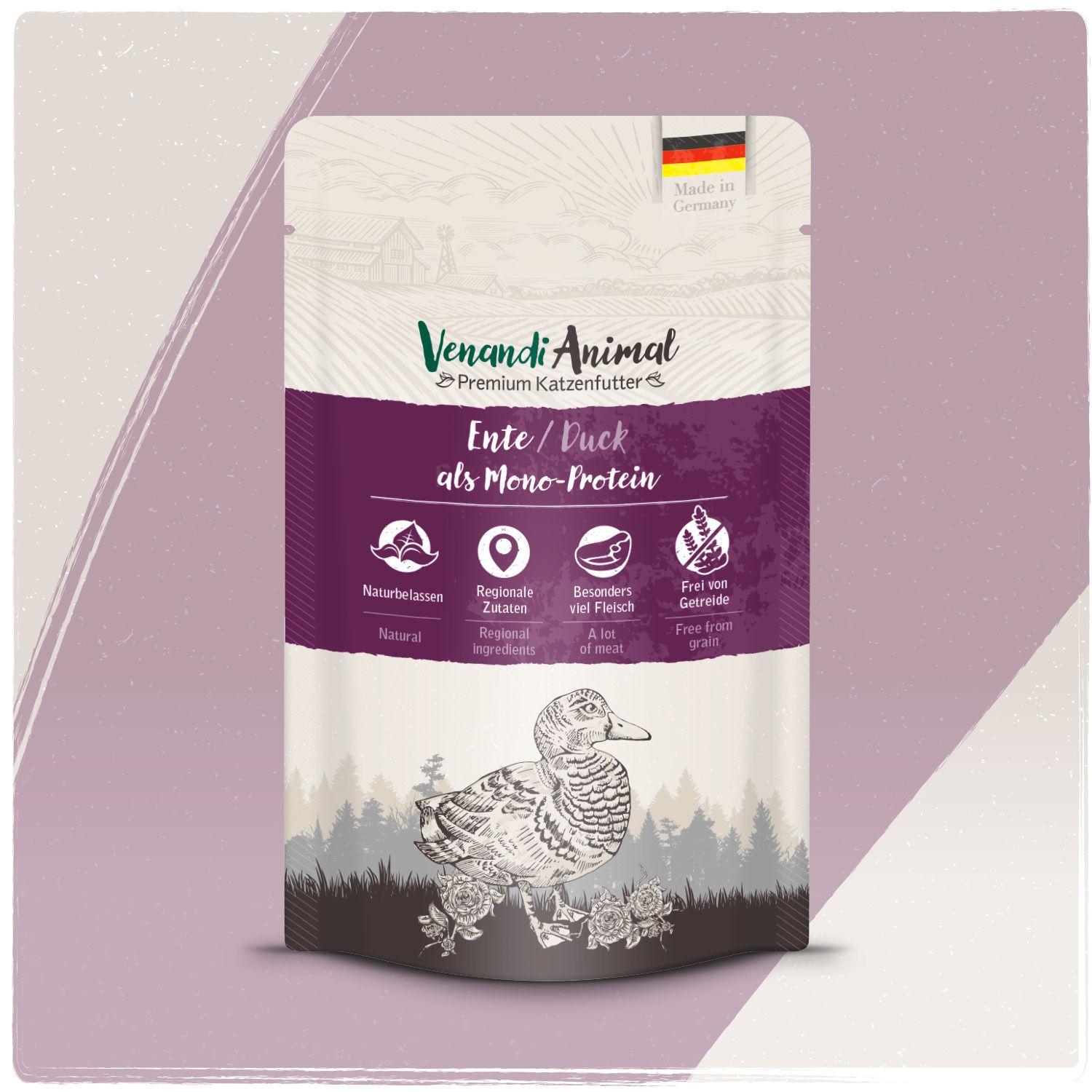 Venandi Animal Premium Katzenfutter Ente als Mono-Protein: Beutel mit Entenabbildung, "Made in Germany" Aufkleber, auf lila Hintergrund.