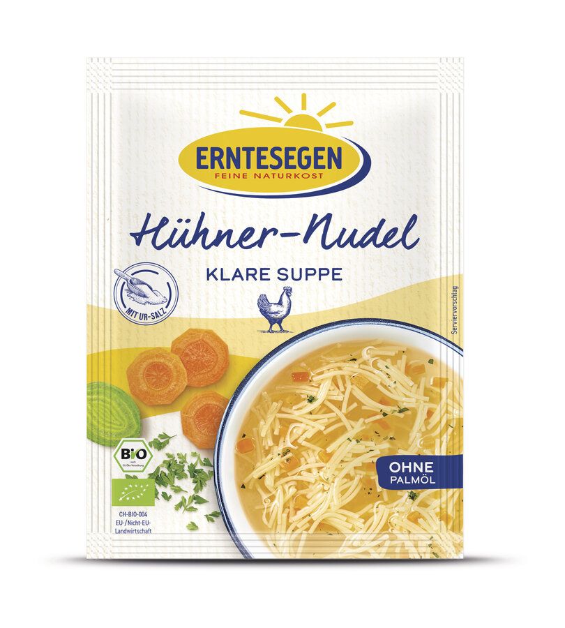 Verpackung mit Hühner-Nudel Suppe. Logo: Erntesegen. Text: Klare Suppe, Bio. Abbildung: Suppe mit Nudeln, Karotten. Ohne Palmöl.