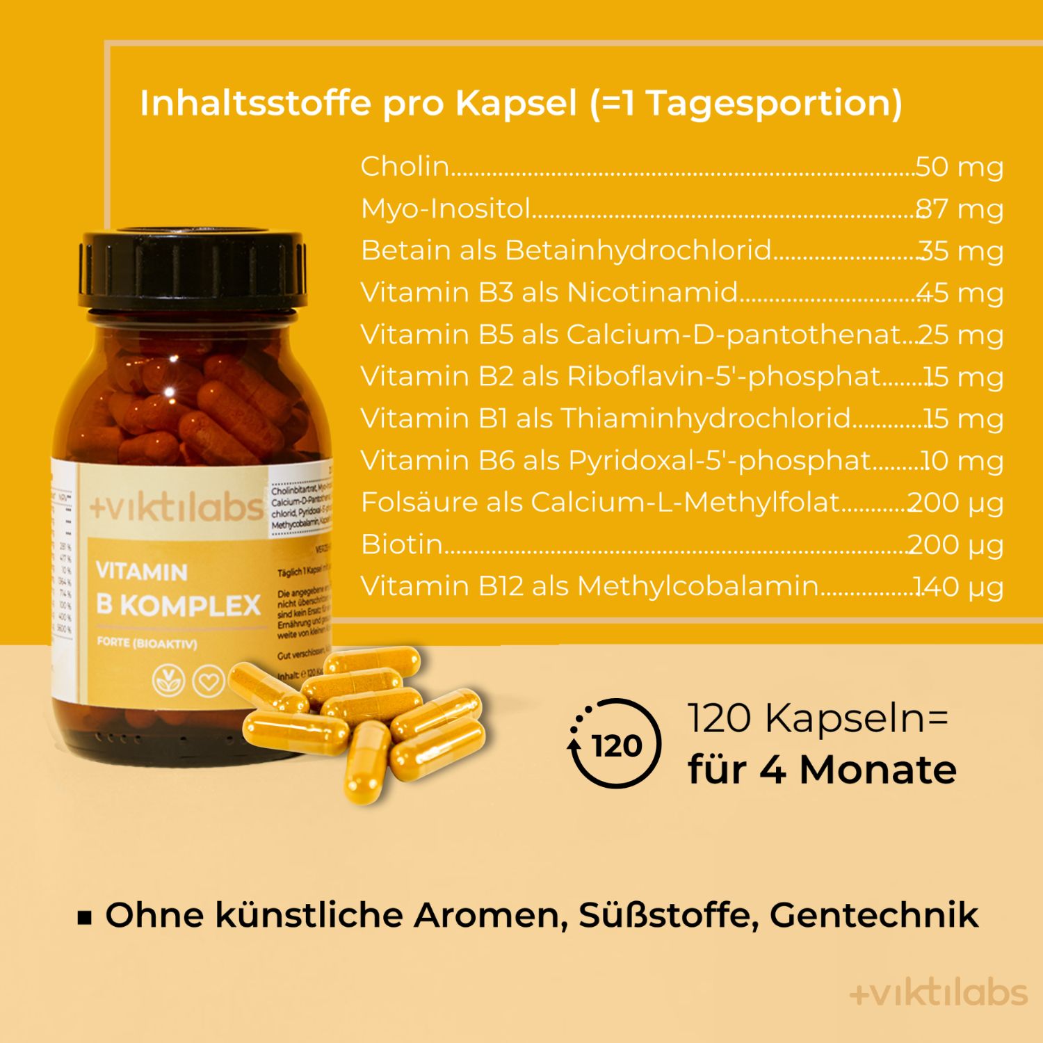 Flasche mit Vitamin B Komplex Forte (Bioaktiv) und Kapseln. Nährwertangaben und Kapselanzahl sichtbar.